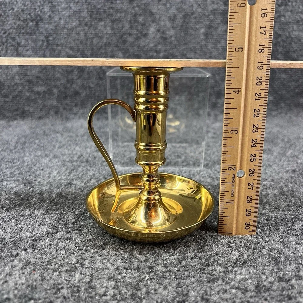 Vintage Brass Chamberstick Candle Holder w/ Finger Loop Handle Drip Tray  4.5